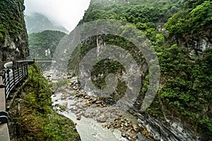 Taroko Gorge National Park in Taiwan. Beautiful Rocky Marble Canyon with Dangerous Cliffs and River