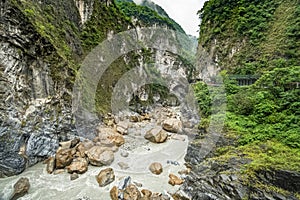 Taroko Gorge National Park in Taiwan. Beautiful Rocky Marble Canyon with Dangerous Cliffs and River