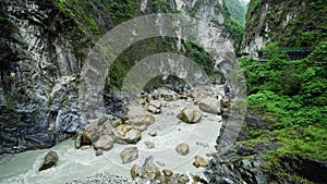 Taroko Gorge National Park in Taiwan. Beautiful Rocky Marble Canyon with Dangerous Cliffs and River