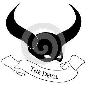 Tarot Card Concept. Devil. Mask with horns. Devil costume and text banner isolated on white background