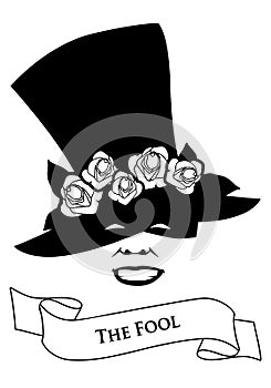Tarot Card Concept. The Fool. Joker. Hat with flower and banner text. Isolated on white background