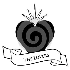 Tarot Card Concept. The Lovers. Heart and text banner isolated on white background