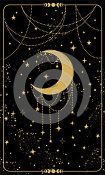 Tarot card with crescent moon and stars. Magic card, boho style design, engraving, witch cover. Golden mystical hand drawing on a