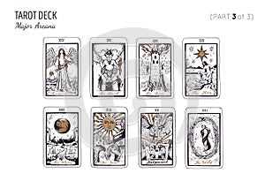 Tarot card deck. Major arcana set part 1of 3 . Vector hand drawn engraved style. Occult and alchemy. The fool, magician