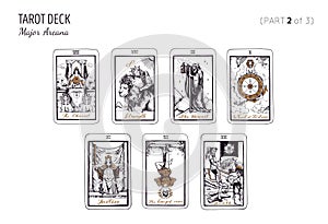 Tarot card deck. Major arcana set part 2 of 3 . Vector hand drawn engraved style. Occult and alchemy . The hanged man