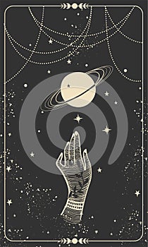 Tarot card with hand and planet. Magic card, boho design, tattoo, engraving, cover for the witch. Golden mystical hand