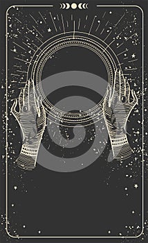 Tarot card with hands and a magic ball, place for text. Modern vertical card with copy space on a black background