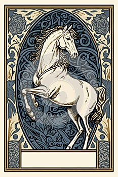 Tarot card with a Horse on two feet foliage in the middle. Astrology arcana cards or occult ritual vector illustration.