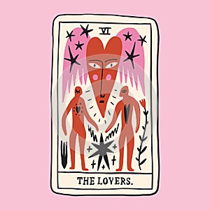 Tarot card The Lovers. Funky ugly Valentines heart, groovy cute comic character. Boho doodle modern print funny