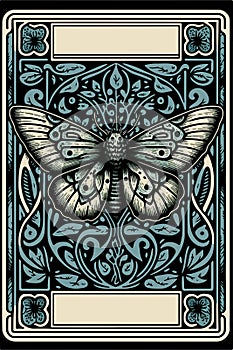 Tarot card with a moth in the middle. Astrology arcana cards or occult ritual vector illustration.