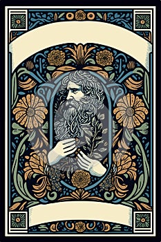 Tarot card with a Profile man foliage in the middle. Astrology arcana cards or occult ritual vector illustration.