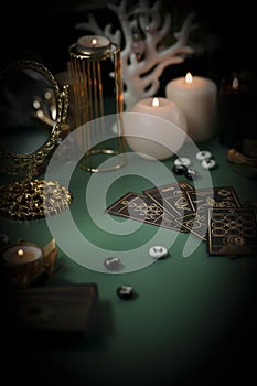 Tarot card reader arranges cards in a card spread. Fortune-telling concept