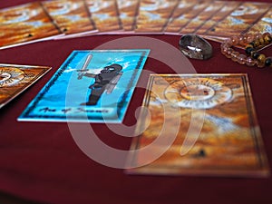 Tarot card reading ace of swords fortune teller astrologer divination selected focus