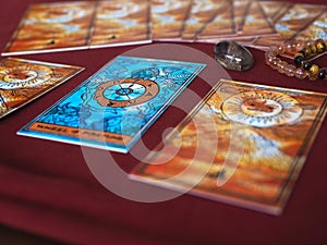Tarot card reading wheel of fortune teller astrologer divination selected focus photo