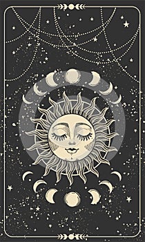 Tarot card with sun with face, moon phases and stars. Magic card, bohemian design, tattoo, engraving, witch cover. Golden mystical