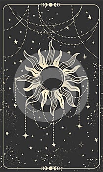 Tarot card with sun, jewelry and stars. Magic card, bohemian design, tattoo, engraving, cover for the witch. Golden mystical hand