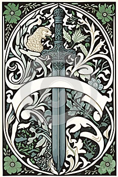 Tarot card with a Sword foliage in the middle. Astrology arcana cards or occult ritual vector illustration.