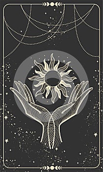 Tarot card with two palms holding the sun. Magic boho design with stars, engraving stylization, cover for the witch. Golden photo