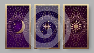 Tarot cards back set with golden crescent, sun, and star symbols