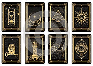 Tarot cards batch reverse side, magic frame with esoteric and mystic symbols, sun and lighthouse, moon and pyramid sorcery photo