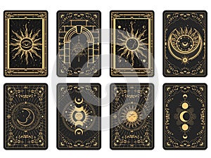 Tarot cards batch reverse side, magic frame with esoteric patterns and mystic symbols, sun and moon sorcery photo