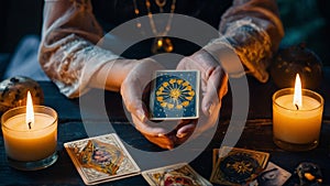 Tarot Cards with Candles on Dark Wooden Table