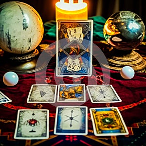 Tarot cards and candles on table in front of globe. Generative AI