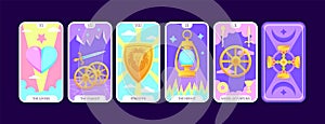 Tarot cards flat deck cartoon. Taro card major arcanas Include of lovers, chariot, strength, hermit, and wheel of