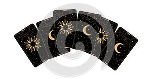 Tarot cards icon top view. Black cards face down with the moon and the sun. Drawing for fortune telling, astrology