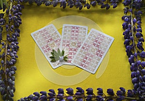 Tarot cards lay out on a yellow background with Lupin flowers.