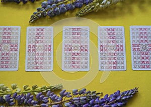 Tarot cards lay out on a yellow background with Lupin flowers.