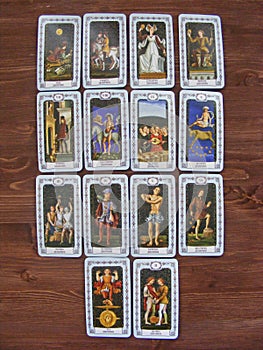 Tarot cards medieval close up, The Denarii Coins, Pentacles of Tarot Decks on wooden background photo