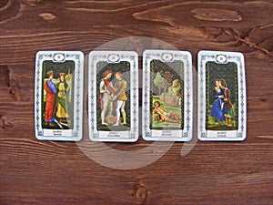 Tarot cards medieval close up, The Deuce Two of Tarot Decks on wooden background photo