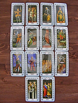 Tarot cards medieval close up, The Swords of Tarot Decks on wooden background