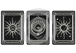 Tarot cards reverse side with esoteric and mystic symbols, all-seeing eye, sun and moon, sorcery signs