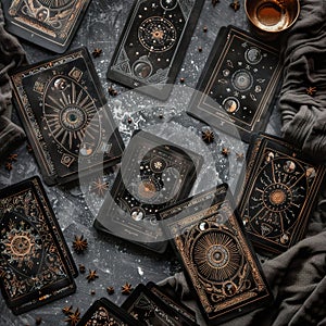 Tarot Cards Spread on Table for Divination and Fortune Telling