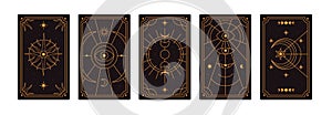 Tarot designs set. Esoteric occult card backgrounds, reverse back view. Magic spiritual celestial symbols. Sacred sun