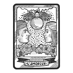 Tarot playing card The Lovers sketch vector