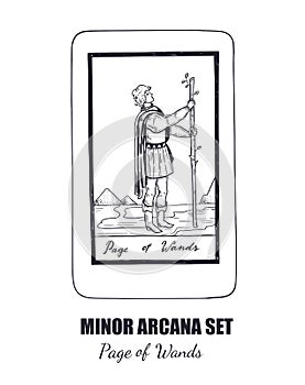 Tarot set. Vector hand drawn Minor Arcana . Page of Wands