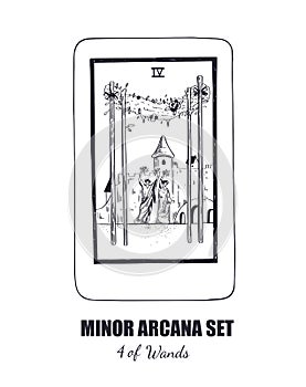 Tarot set. Vector Minor Arcana . 4 of Wands