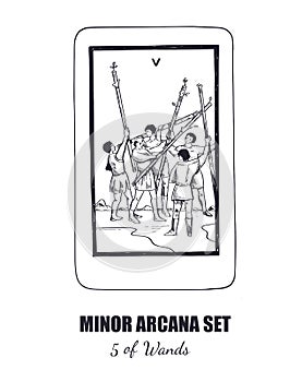 Tarot set. Vector Minor Arcana . 5 of Wands