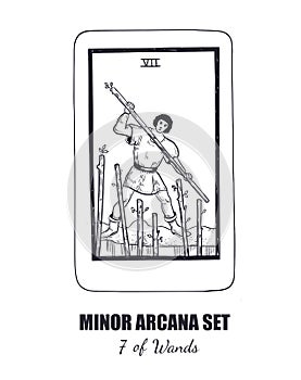 Tarot set. Vector Minor Arcana . 7 of Wands