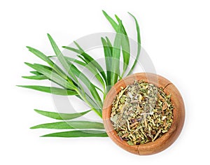 Tarragon or estragon fresh and dried isolated on a white background with copy space for your text. Top view. Flat lay