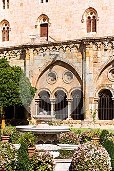 TARRAGONA, SPAIN - OCTOBER 4, 2017: View of the courtyard of the Tarragona Cathedral Catholic cathedral on a sunny day. Copy spa