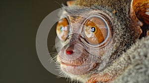 A tarsiers closeup profile showcasing its distinct features such as its elongated fingers and of course those enormous