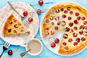 Tart with cherry and sour cream filling, fruit pie, summer cake