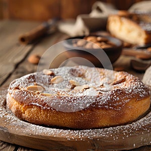 Tarta de Santiago. Traditional almond cake from Santiago in Spain on rustic wooden table photo
