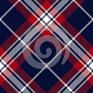 Tartan check pattern in red, navy blue, white for autumn winter print. Seamless textured dark plaid vector for flannel shirt.