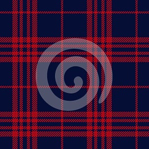 Tartan check pattern vector in red and navy blue. Seamless dark Scottish plaid background for flannel shirt, blanket, throw, skirt
