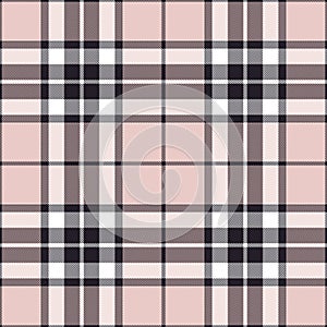 Tartan check plaid pattern in black, powder pink, white. Seamless classic Scottish Thomson tartan in custom colors for spring.